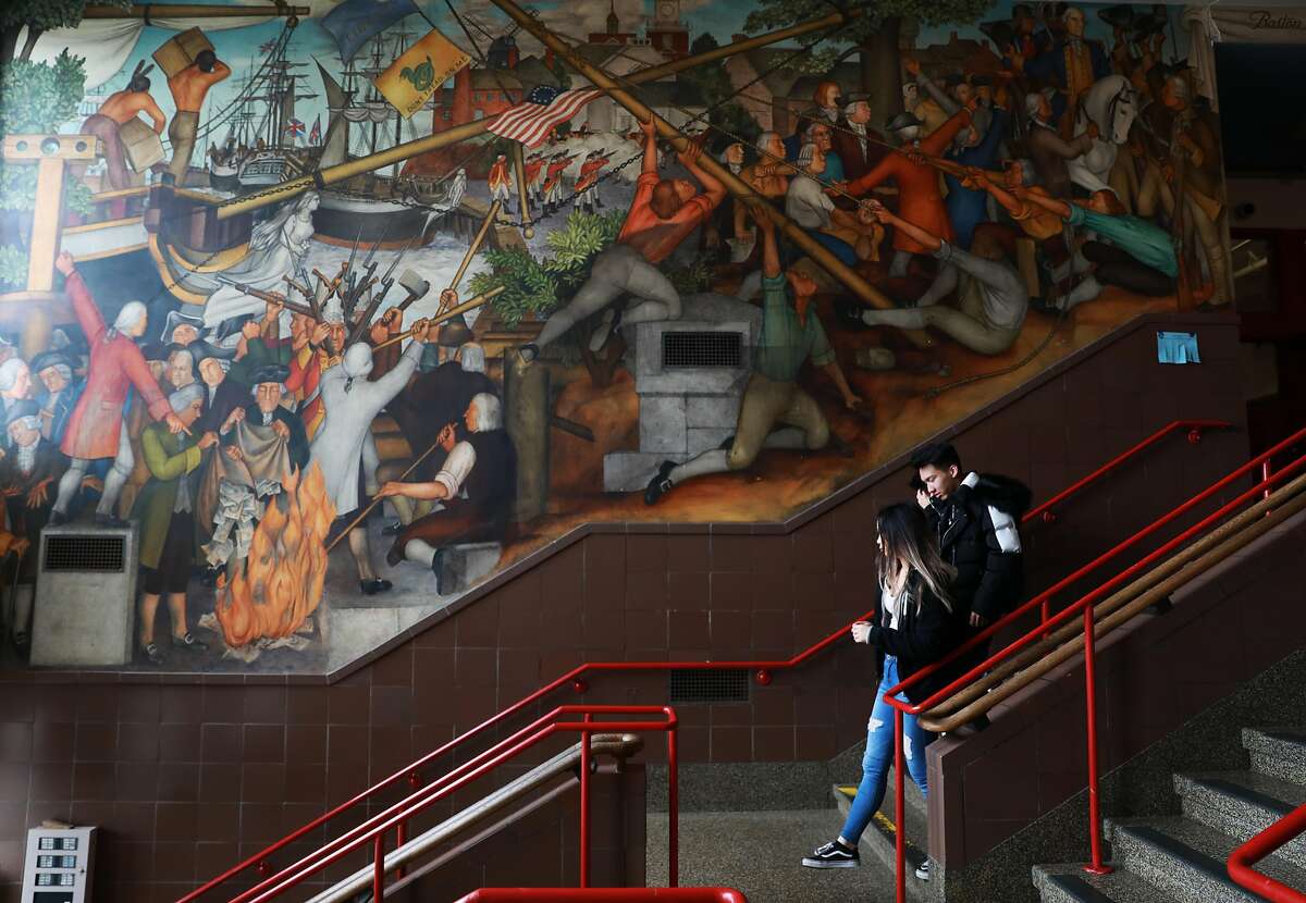 San Francisco school officials are expected to decide whether to destroy or keep the historic mural at George Washington High School, photographed in San Francisco, Calif., on Wednesday, April 3, 2019. The historic mural depicts the treatment of American Indians and African Americans.