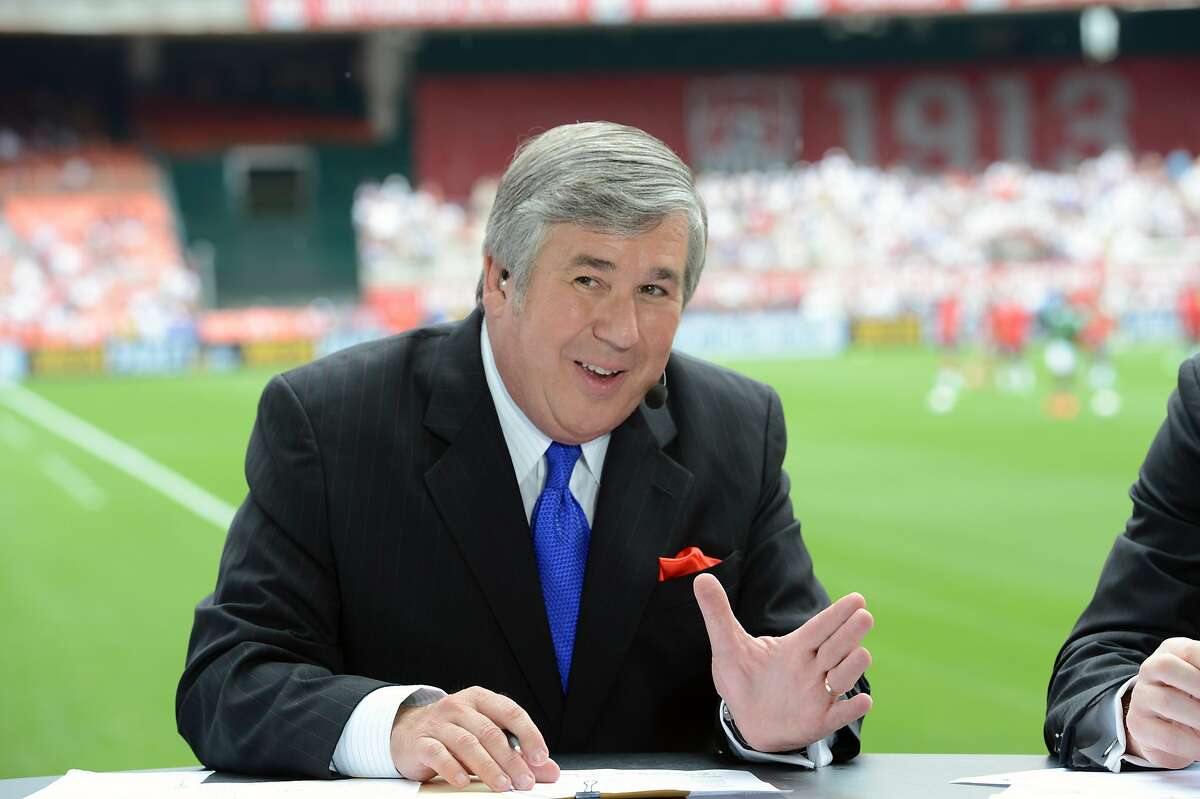 In this June 2, 2013, photo provided by ESPN Images, Bob Ley talks during an international friendly soccer match in Washington, D.C. Ley, an anchor at ESPN since the network's launch 40 years ago, has announced his retirement. Ley was ESPN's longest-tenured anchor, joining "SportsCenter" on the channel's third day of operation on Sept. 9, 1979. He hosted "Outside The Lines," an investigative news program, from its launch in 1990 until he took a sabbatical last September. The 64-year-old Ley tweeted Wednesday, June 26, 2019, that he's enjoying the "best of health" and that the decision to retire was "entirely" his own. (Allen Kee/ESPN Images via AP)