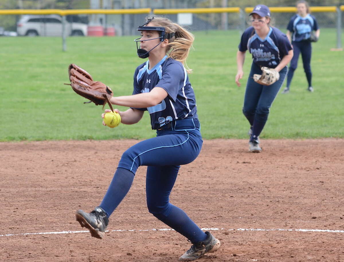 Claire Wilson throws a pitch during Wilton's 3-2 loss to Warde. — Andy Hutchison photo