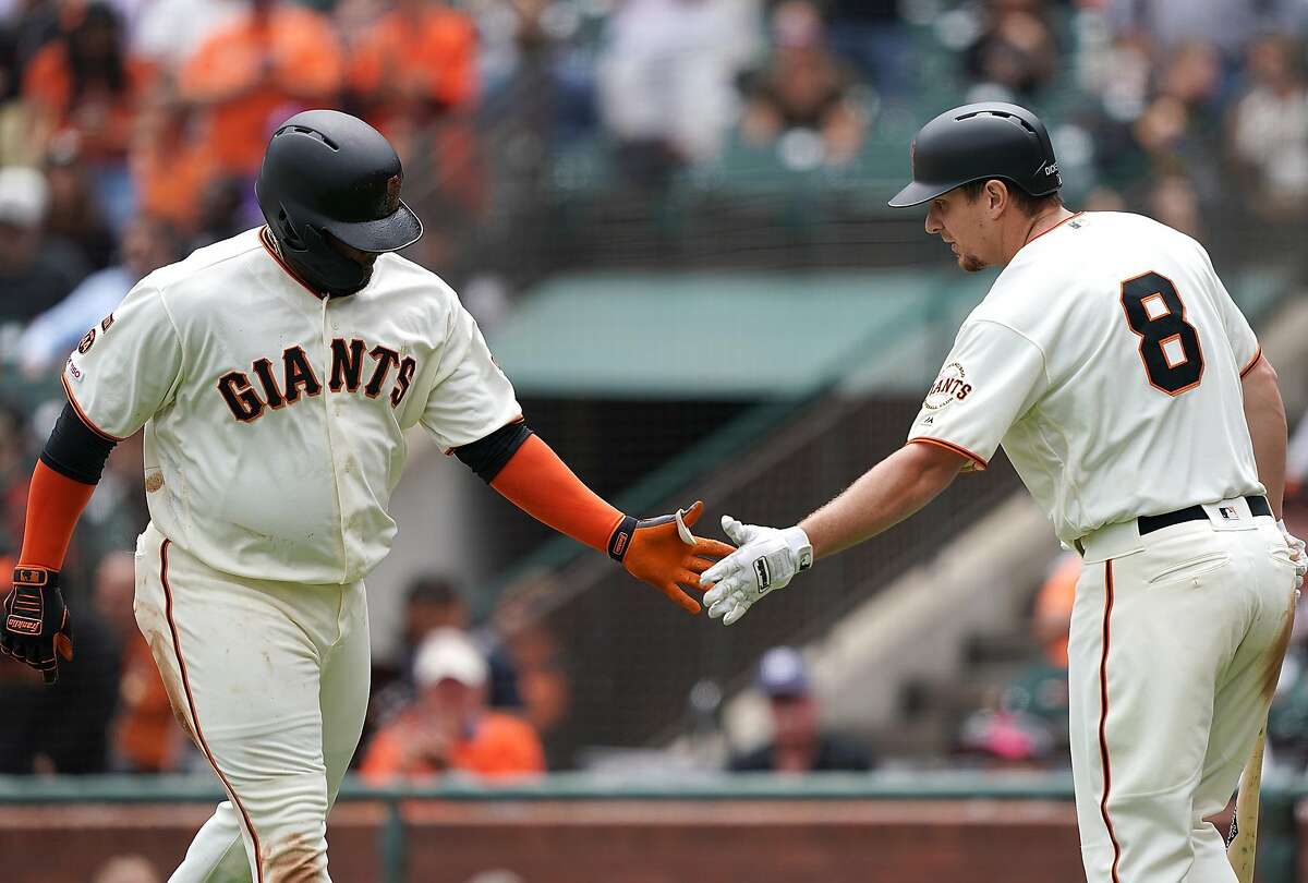 June 14, 2019: San Francisco Giants first baseman Pablo Sandoval (48) heads  to first base, during a MLB game between the Milwaukee Brewers and the San  Francisco Giants at Oracle Park in