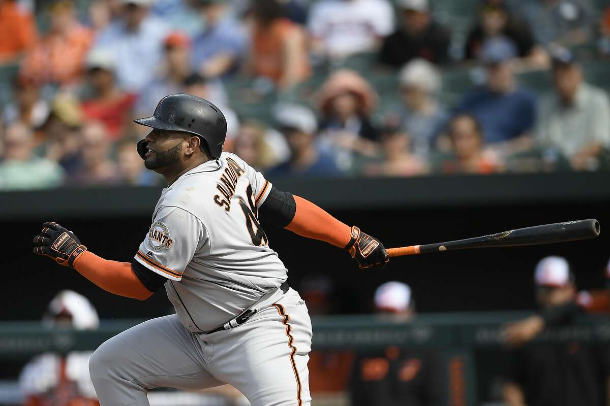 June 14, 2019: San Francisco Giants first baseman Pablo Sandoval (48) heads  to first base, during a MLB game between the Milwaukee Brewers and the San  Francisco Giants at Oracle Park in