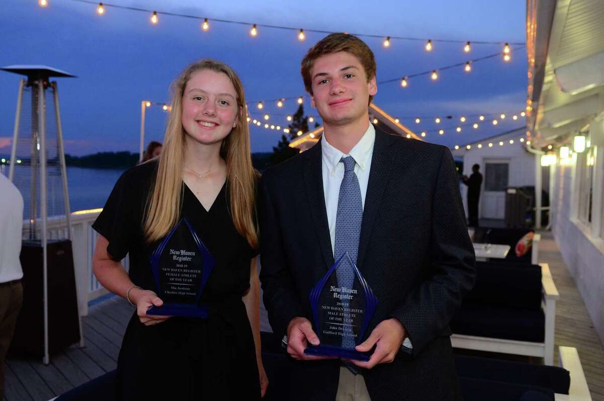 New Haven Register Athletes of the Year Mia Juodaitis, of Cheshire High, and John DeLucia, of Guilford High, pose together after the New Haven Register’s Annual MVP Banquet at Amarante’s Sea Cliff in New Haven on Wednesday.