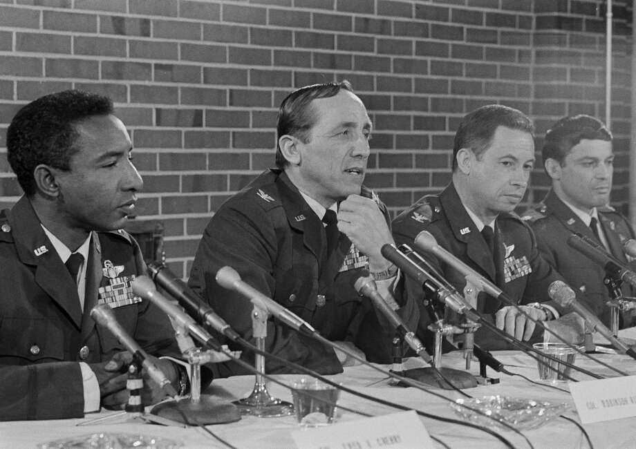 Four former prisoners of war tell newsmen that they all recall being subjected to severe torture and beatings during their confinement, at Andrews Air Force Base near Washington, March 29, 1973. From left: Lt. Col. Fred V. Cherry, Col. Robinson Risner, Col. Norman C. Gaddis, and Maj. John A. Dramesi. Photo: Henry Griffin/AP
