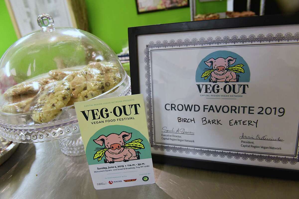 A recent award for crowd favorite at the first Veg Out vegan food festival in Troy is displayed on the front counter at Birch Bark Eatery on Thursday, June 13, 2019 in Queensbury, N.Y. (Lori Van Buren/Times Union)