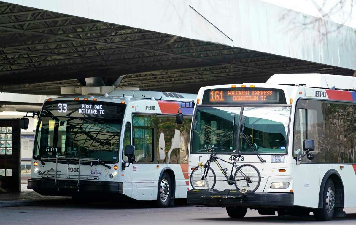 Metro buses are shown at the Northwest Transit Center in Houston.