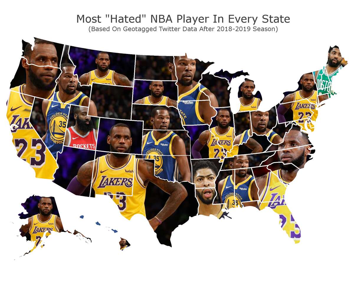 This map is a representation of geotagged tweets where people said they either "hated" or "disliked" a specific NBA player. According to an analysis done by sportsinsider.com, Golden State Warrior Kevin Durant is the second most hated player in the NBA after LeBron James.
