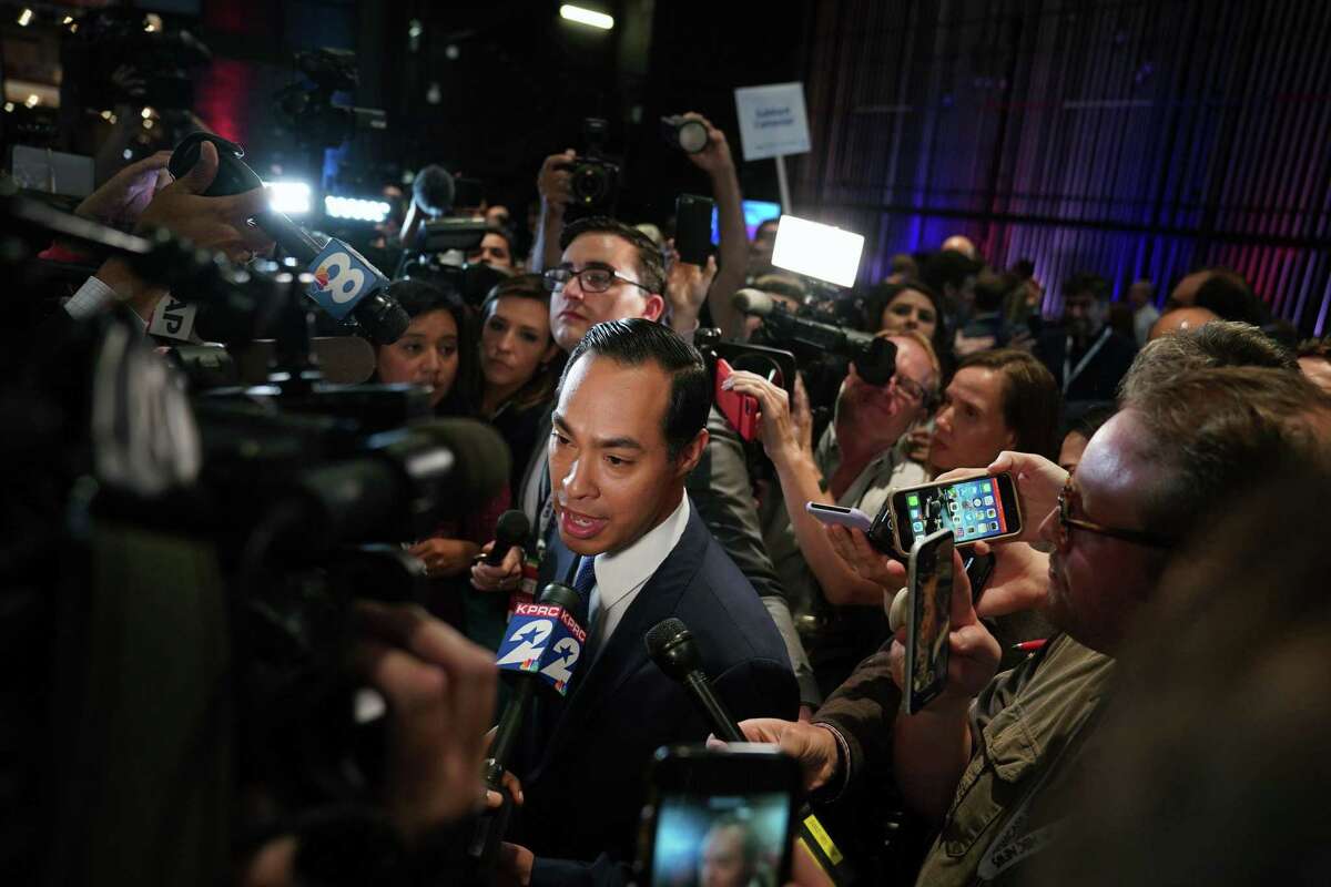 Former Housing Secretary Julian Castro speaks to reporters after the close of the first Democratic presidential debate in Miami on Wednesday night, June 26, 2019. (Doug Mills/The New York Times)