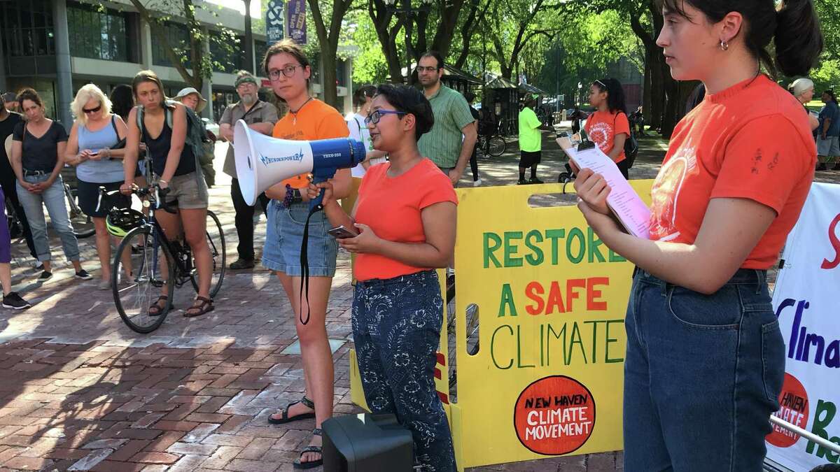 Metropolitan Business Academy student Adrian Adara Huq speaks at a June 27, 2019 climate rally in New Haven