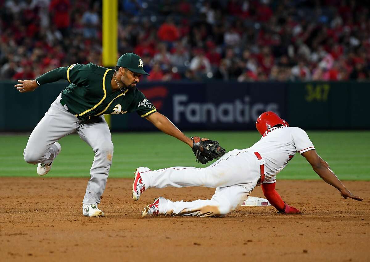 ANAHEIM, CA - JUNE 27: Luis Rengifo #4 of the Los Angeles Angels is tagged out on a run down play by Marcus Semien #10 of the Oakland Athletics in the third inning of the game at Angel Stadium of Anaheim on June 27, 2019 in Anaheim, California. (Photo by Jayne Kamin-Oncea/Getty Images)