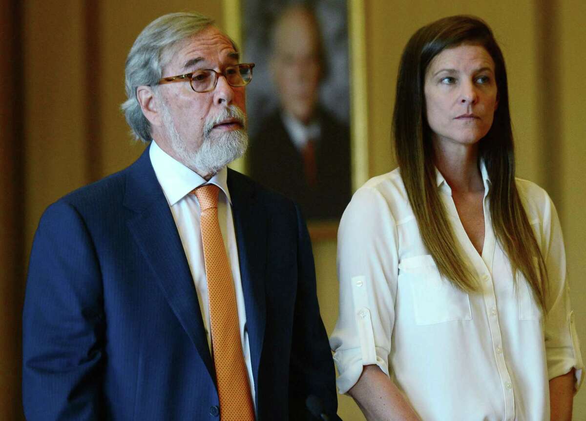 Michelle Troconis attends a court hearing Friday with her attorney, Andrew Bowman, whose motion was granted to allow his client to travel out of state and to prohibit Fotis Dulos from contacting her. Troconis and Fotis Dulos have been charged in Jennifer Dulos’ disappearance.