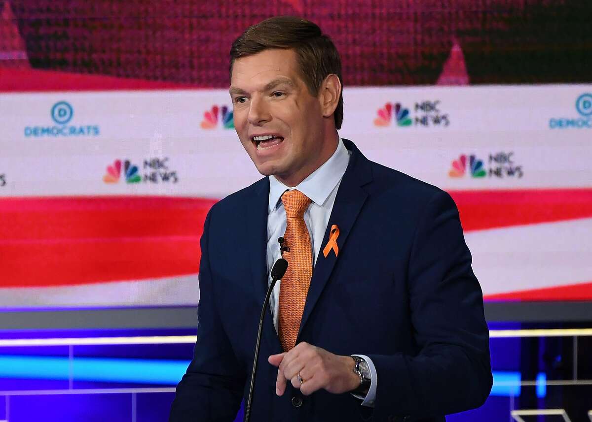 Democratic presidential hopeful former US Representative for California's 15th congressional district Eric Swalwell speaks during the second Democratic primary debate of the 2020 presidential campaign season hosted by NBC News at the Adrienne Arsht Center for the Performing Arts in Miami, Florida, June 27, 2019.
