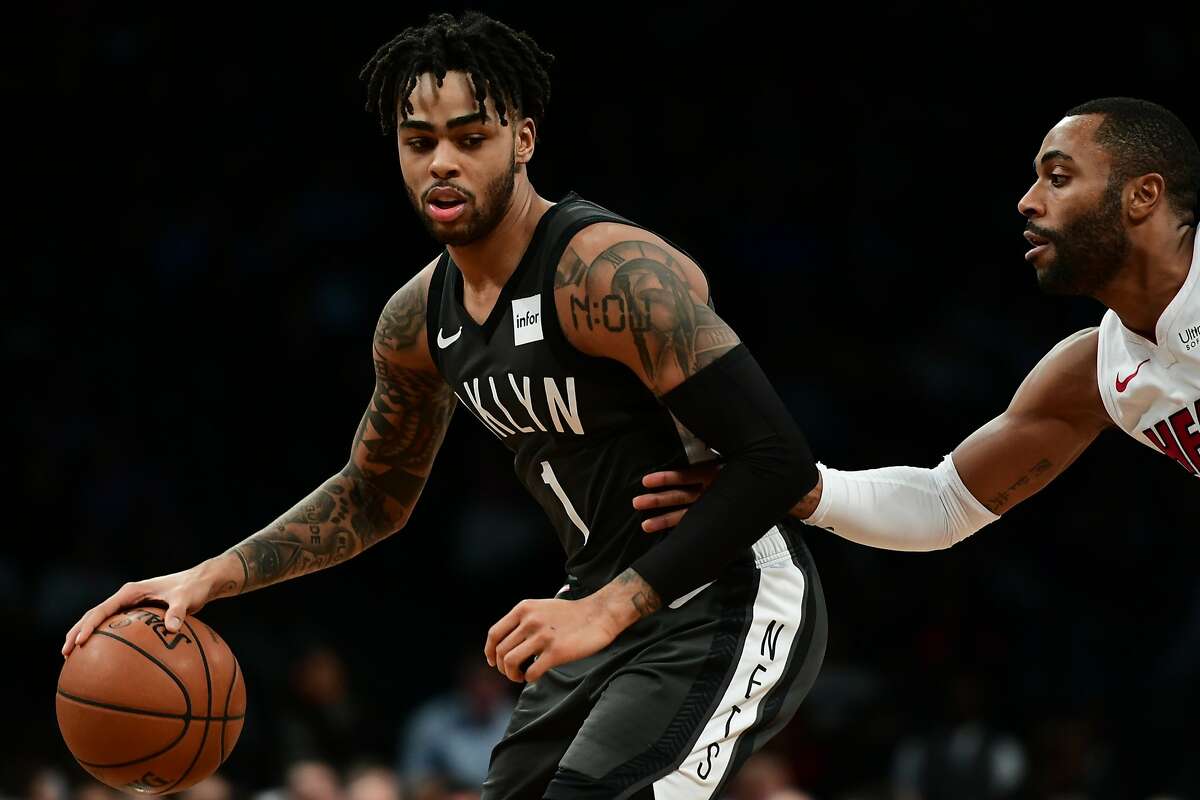 D'Angelo Russell #1 of the Brooklyn Nets controls the ball in the third quarter during the game against Miami Heat at Barclays Center on November 14, 2018 in the Brooklyn borough of New York City.