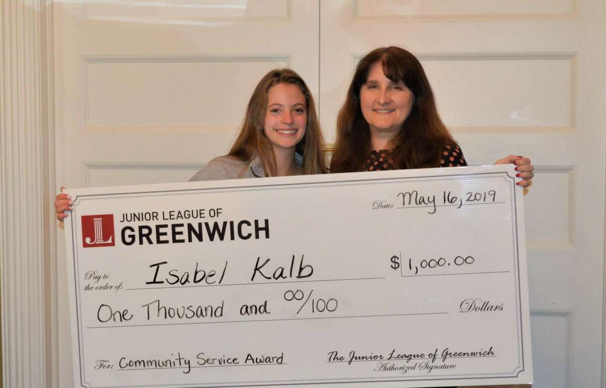 Greenwich Academy student Isabel Kalb, left, is presented with the Junior League of Greenwich’s Community Service Award. Kalb has worked since she was a child to get preschool access to all kids and her award will be used to help benefit Family Center’s Head Start program at Armstrong Court.