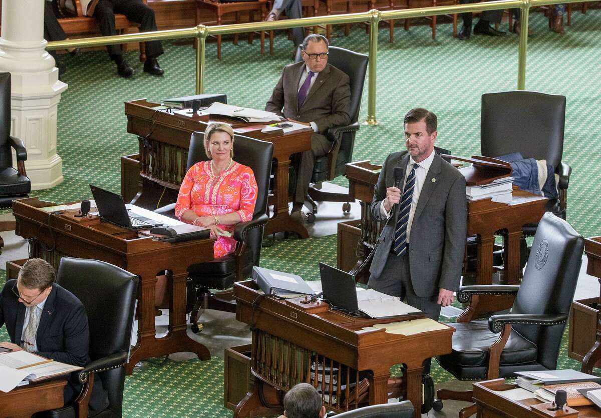State Sen. Brandon Creighton (R-Conroe) speaks about legislation that would restrict the ability of state agencies, local governments, and public universities to remove or alter monuments, memorials, plaques, street names and other items named for historical events or people, including those dealing with the Confederacy on the Senate floor in Austin.