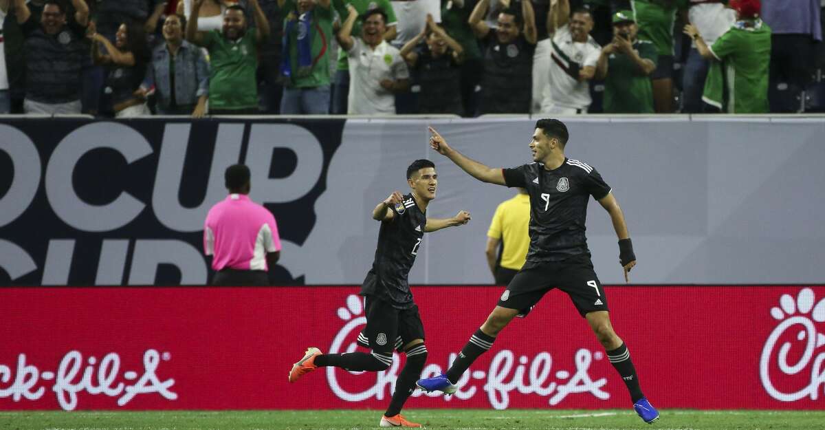 Mexico forward Raul Jimenez (9) celebrates after scoring a goal against Costa Rica during the first half of a CONCACAF Gold Cup quarterfinals match at NRG Stadium Saturday, June 29, 2019, in Houston.