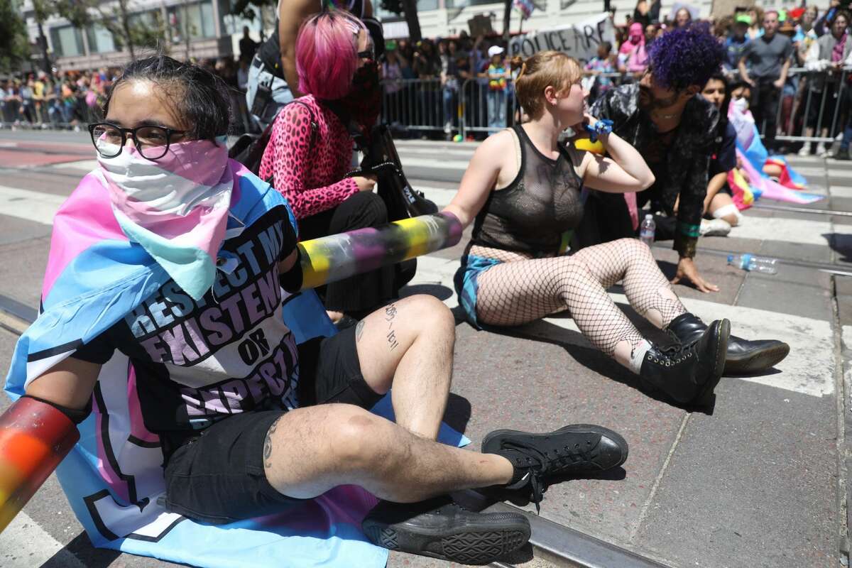 Protestors block Sixth and Market streets during the San Francisco Pride Parade on June 30, 2019. The group said they were protesting police brutality and corporate involvement in Pride festivities.