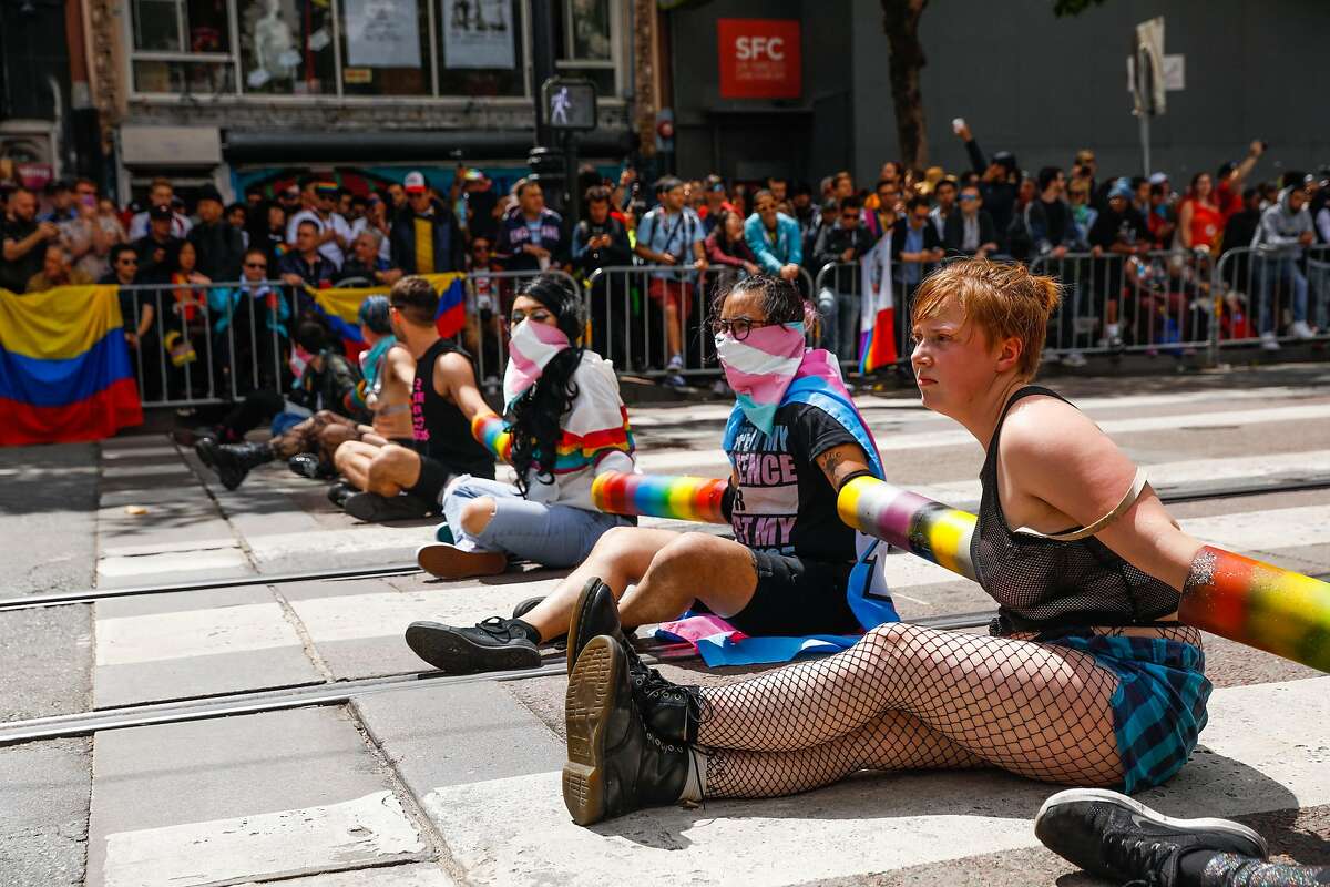 Demonstrators blocked Market Street in an attempt to shut down the annual Pride Parade in San Francisco, California, on Sunday, June 30, 2019. The group was anti-police and against the coorperations participating in the parade.
