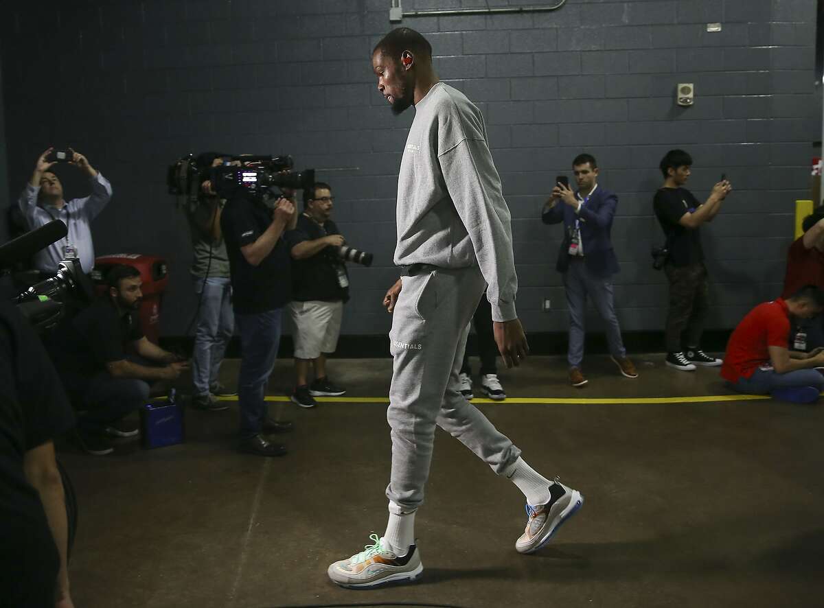 Golden State Warriors forward Kevin Durant walks into the Toyota Center before Game 3 of NBA Western Conference semifinals between the Houston Rockets and Golden State Warriors on Saturday, May 4, 2019 in Houston. The New York Knicks, who were the rumored destination for Durant the entire 2018-19 season, reportedly would not offer him a max deal after he ruptured his right Achilles tendon in Game 5 of the NBA Finals.