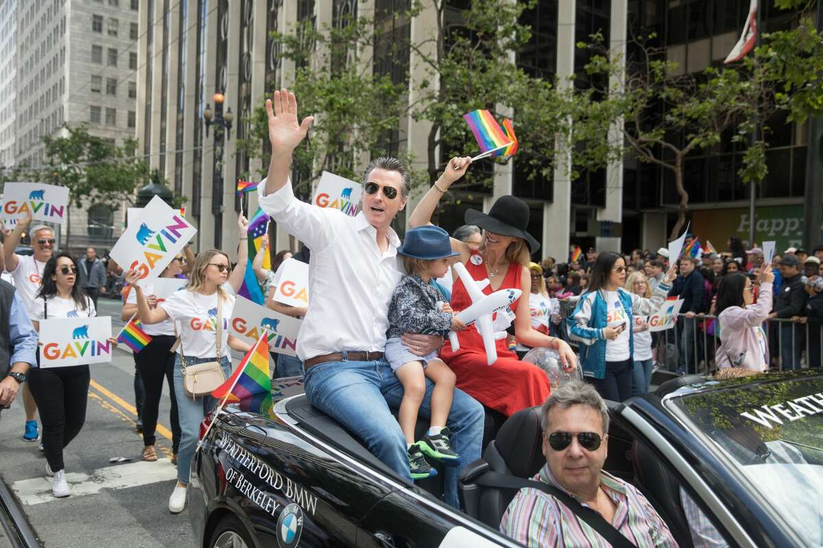 California Governor Gavin Newsom and his family take part in the 2019 San Francisco Pride Parade on Market Street in San Francisco on June 30, 2019.