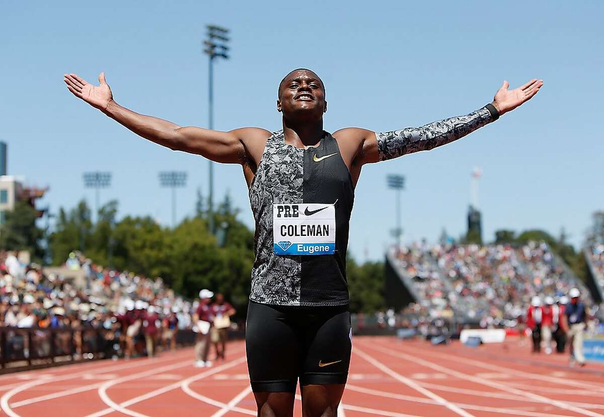 STANFORD, CALIFORNIA - JUNE 30: Christian Coleman of the United States poses for photographers after winning the Men's 100m during the Prefontaine Classic at Cobb Track & Angell Field on June 30, 2019 in Stanford, California. (Photo by Lachlan Cunningham/Getty Images)