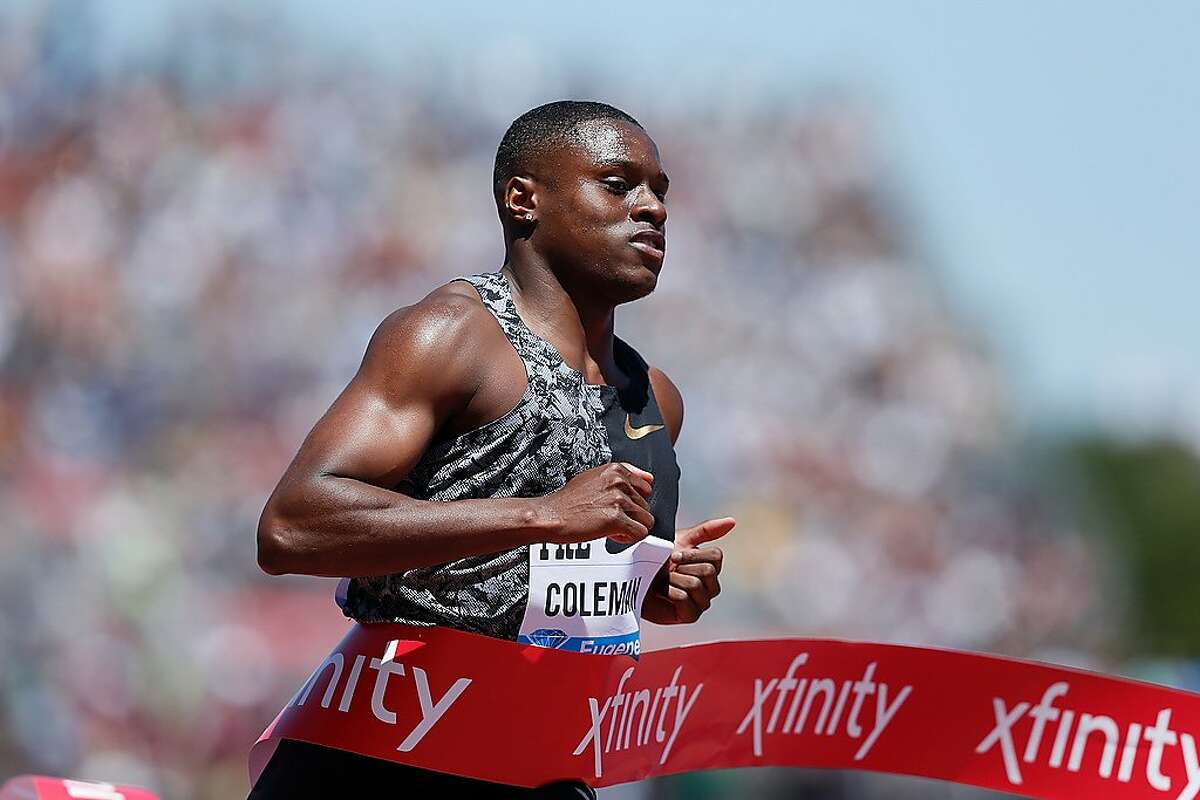 STANFORD, CALIFORNIA - JUNE 30: Christian Coleman of the United States crosses the line to win the Men's 100m during the Prefontaine Classic at Cobb Track & Angell Field on June 30, 2019 in Stanford, California. (Photo by Lachlan Cunningham/Getty Images)