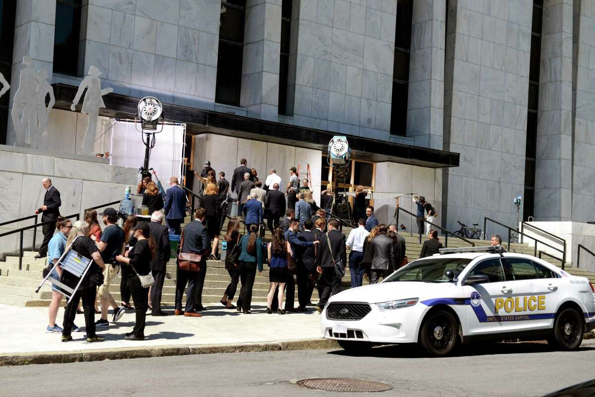HBO’s “Succession” shoots outside the Legislative Office Building on Monday, July 1, 2019, in Albany, N.Y. (Catherine Rafferty/Times Union)