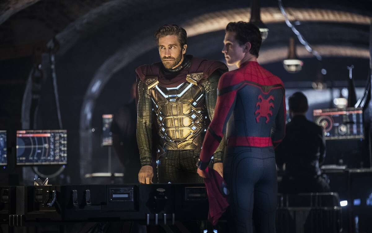 This image released by Sony Pictures shows Jake Gyllenhaal, left, and Tom Holland in a scene from "Spider-Man: Far From Home." 