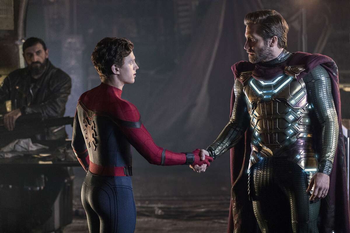 This image released by Sony Pictures shows, from left, Numan Acar, Tom Holland and Jacky Gyllenhaal in a scene from "Spider-Man: Far From Home."