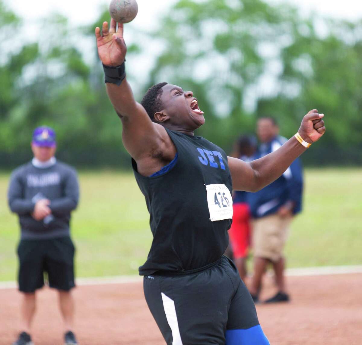 Otito Ogbonnia of Katy Taylor reacting as he is throwing the put during the shot put competition during UIL Region II 6-A Track & Field Championship at the Challenger Columbia Stadium, Friday, Apr. 29, 2016, in Houston. (Juan DeLeon / For the Houston Chronicle)