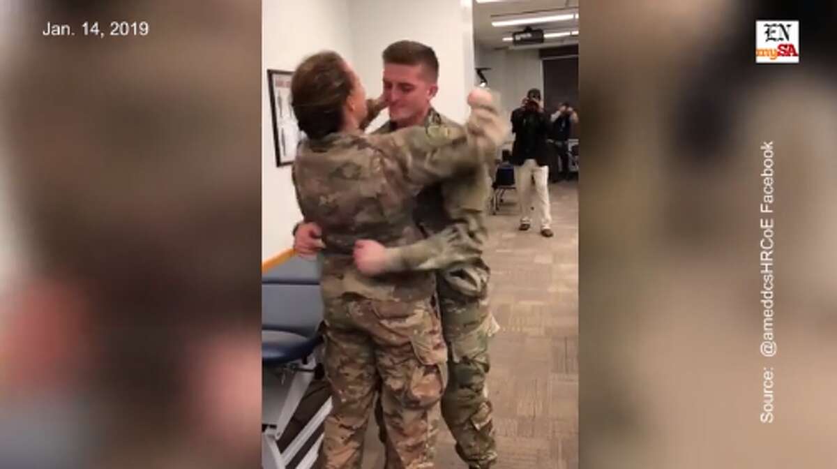 The heartfelt reunion of a military couple at San Antonio's Fort Same HoustonThe video shows Army lieutenant Jamie Douglas sneaking up on husband Jordan Pruitt, also a 2nd LT, as he sat in a class for his Doctorate of Physical Therapy program. The couple had been separated for eight months as Douglas was deployed in Iraq. Watch the long-awaited embrace here.