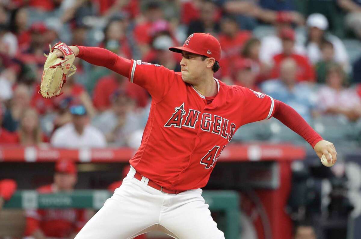 Los Angeles Angels starting pitcher Tyler Skaggs throws to the Oakland Athletics during the first inning of a baseball game Saturday, June 29, 2019, in Anaheim, Calif. (AP Photo/Marcio Jose Sanchez)