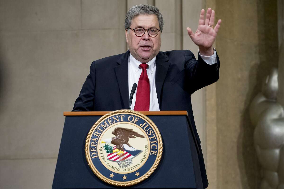 Attorney General William Barr speaks at the U.S. Attorneys' National Conference at the Department of Justice in Washington, Wednesday, June 26, 2019. (AP Photo/Andrew Harnik)