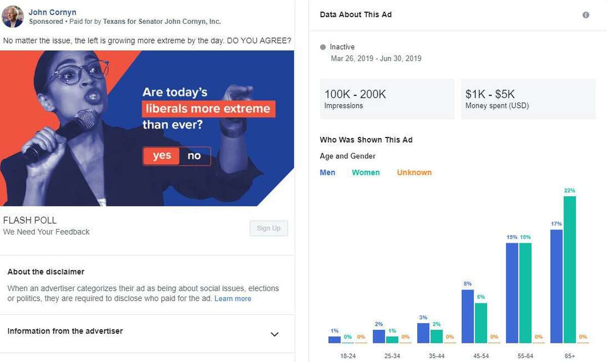 One of dozens of Facebook ads purchased by Republican Sen. John Cornyn’s re-election campaign. As of Monday, Cornyn’s campaign had spent $76,000 on Facebook ads, some of which target liberal Democrats Rep. Alexandria Ocasio Cortez (pictured) and presidential contender Sen. Bernie Sanders of Vermont. The data shows this ad was clearly aimed at men and women 55 years old and older. Screenshot from Facebook Ad Library.