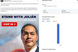 Democrat Julian Castro, competing in a field of two dozen 2020 presidential candidates, followed up his strong debate performance June 26 with a flurry of Facebook ads aimed at building momentum and clearing the hurdle of 130,000 individual donors to qualify for the next round of debates. There were several different versions of this ad targeting different demographics. This ad was aimed at men 55 years old and older. Screenshot from Facebook Ad Library.