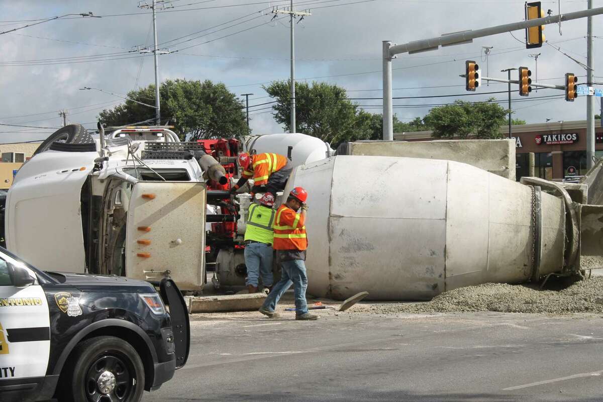 A concrete truck rolled over during a right turn onto Culebra Road near Tezel and Grissom roads on July 2, 2019.