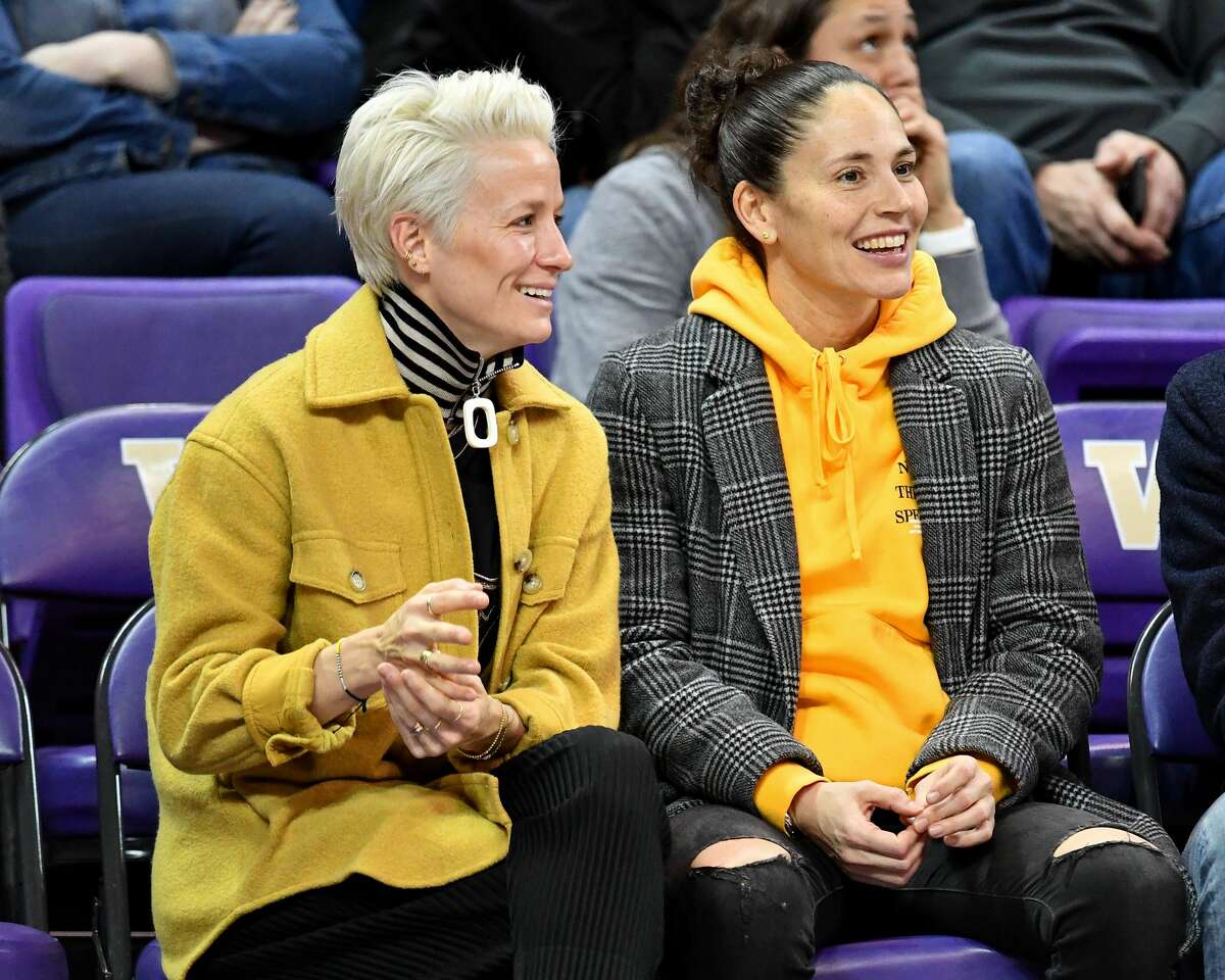 SEATTLE, WASHINGTON - JANUARY 27: Power couple, USWNT forward Megan Rapinoe and Seattle Storm guard Sue Bird enjoy the game at the Alaska Airlines Arena on January 27, 2019 in Seattle, Washington. (Photo by Alika Jenner/Getty Images)