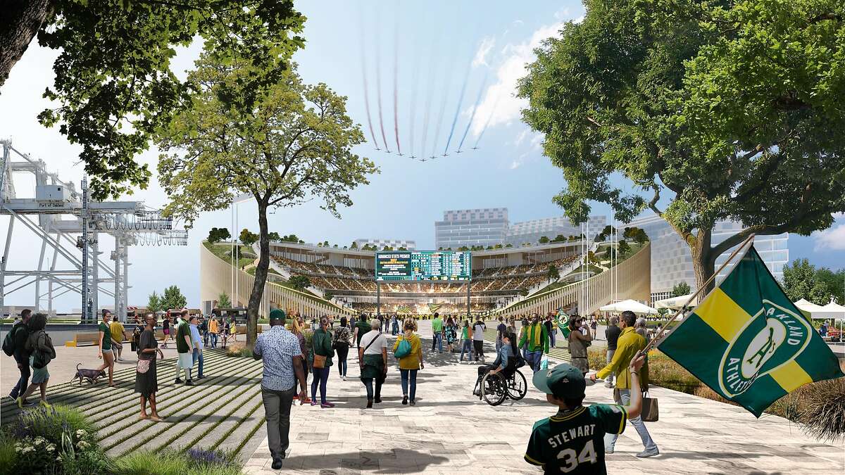 An artist's rendering depicts a view of the approach to the Oakland Athletics' new ballpark, proposed for construction at the Howard Terminal of the Port of Oakland.