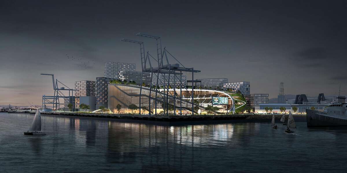 An artist's rendering depicts a night view of the Oakland Athletics' new stadium and adjacent commercial/residential development, proposed for the grounds of the Howard Terminal in the Port of Oakland.