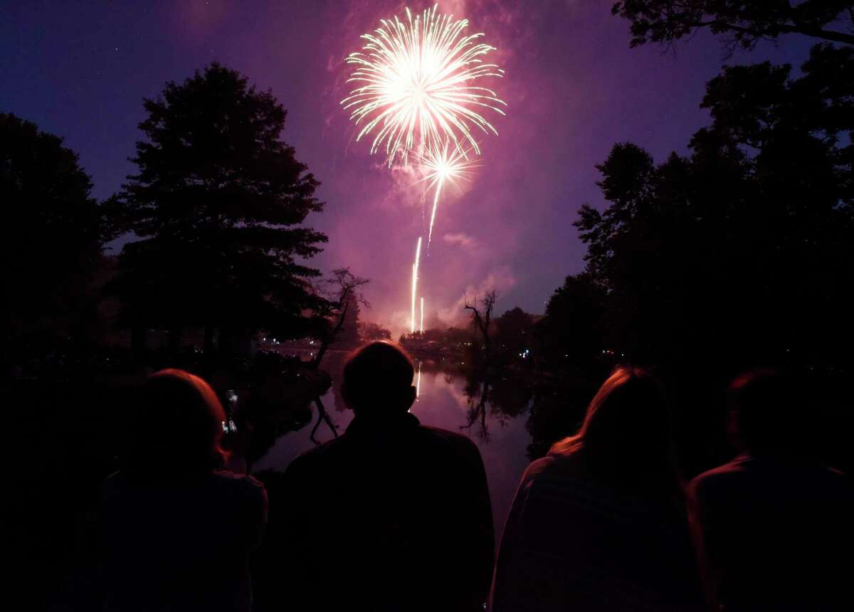 FILE PHOTO of a fireworks display at Binney Park in Old Greenwich, Conn. on Saturday, July 7, 2018.