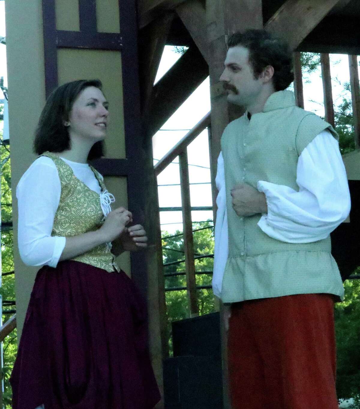 In Shakespeare’s “Much Ado About Nothing,” young lovers Hero and Claudio, played here by Charlotte Roth and Tyler Small, have their marriage plans thwarted by the villainous Don John.