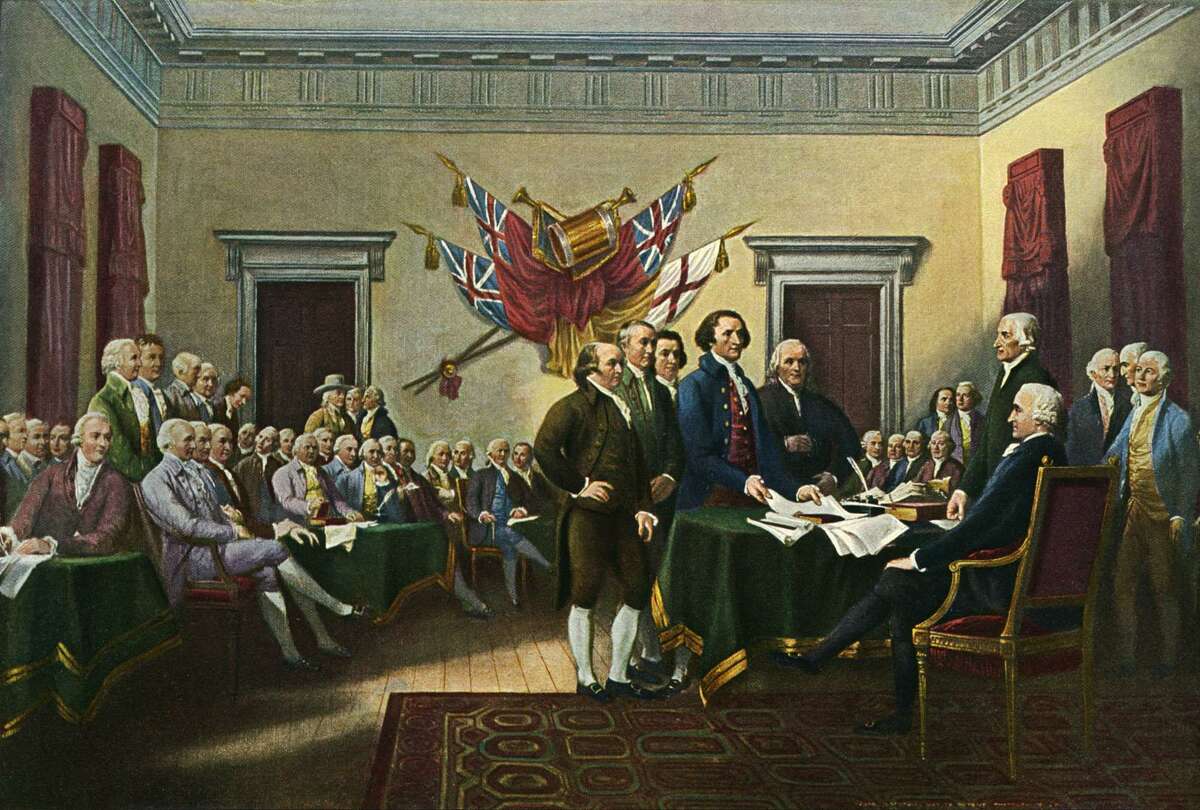 The famous 'Signing the Declaration of Independence, 28th June 1776,' by John Trumbull, portrays Thomas Jefferson and the drafting committee presenting the document to John Hancock.