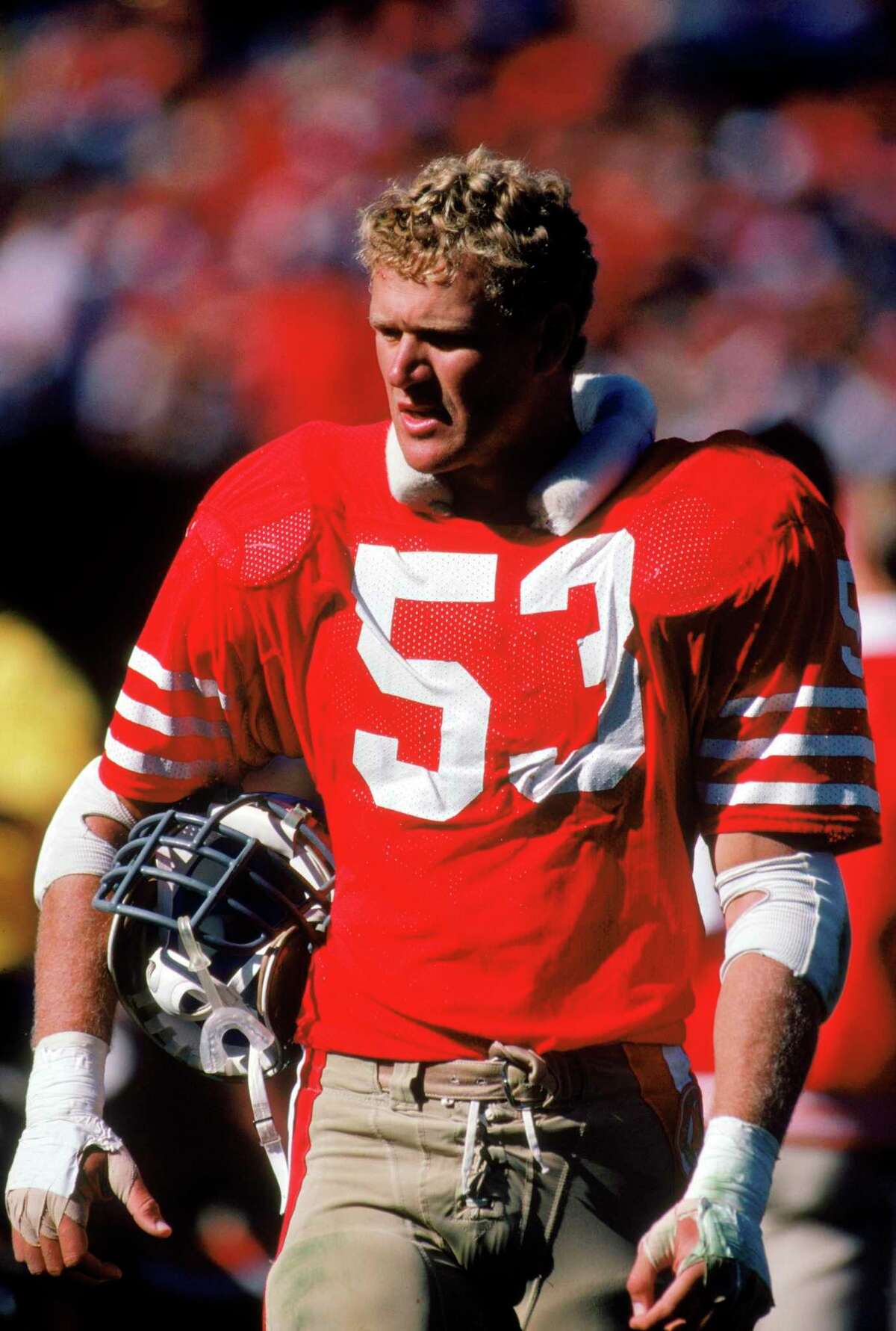 Linebacker Milt McColl of the 49ers plays against the New Orleans Saints at Candlestick Park in 1986. The 49ers won 26-17.