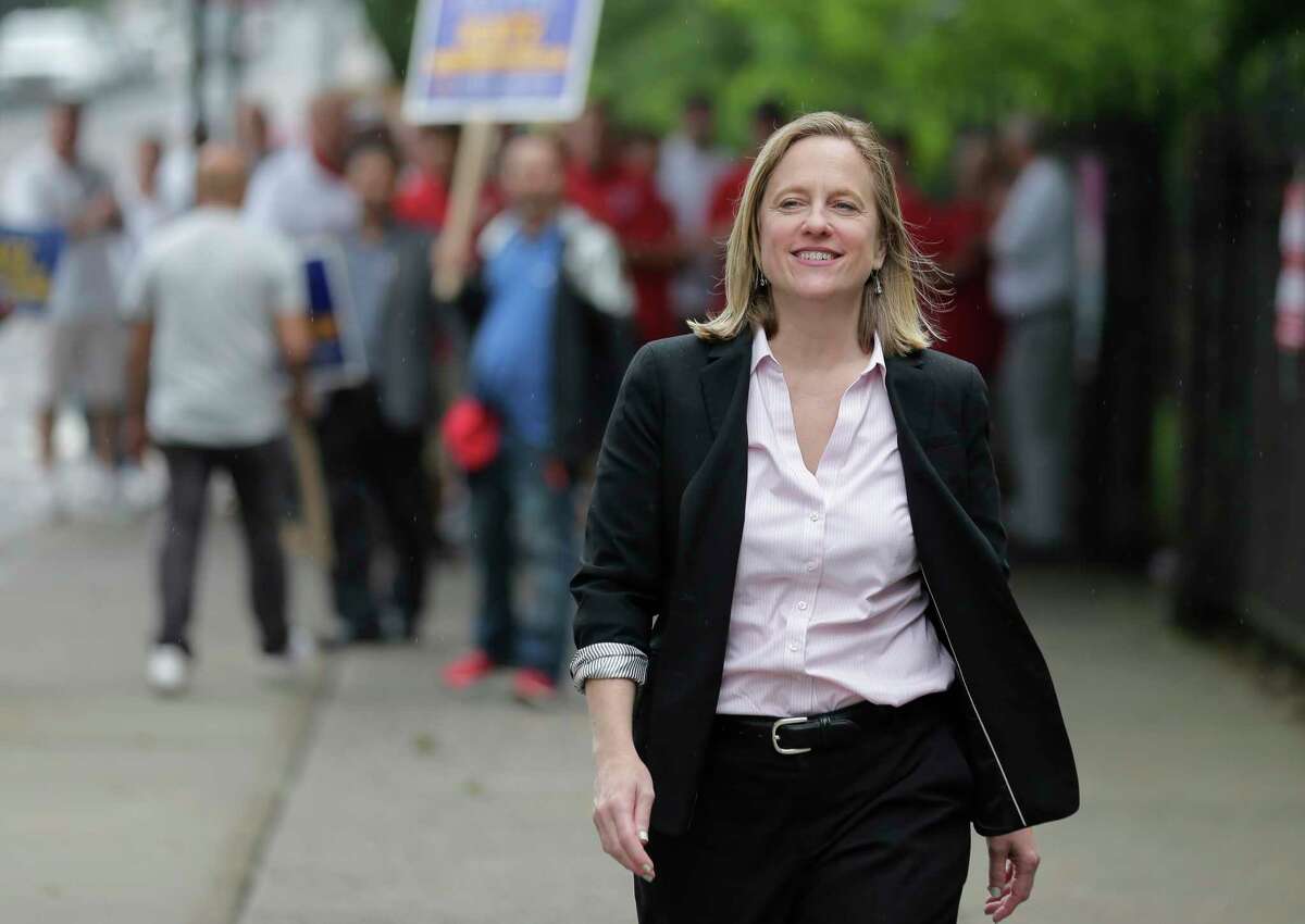 Queens Borough President and candidate for district attorney Melinda Katz arrives at her polling place to vote in the Queens borough of New York, Tuesday, June 25, 2019. The race for district attorney of the New York City borough of Queens is shaping up as a battle between moderate Democrats and the left wing of the party. The winner will be strongly favored to win a November general election to succeed the late District Attorney Richard Brown. (AP Photo/Seth Wenig)