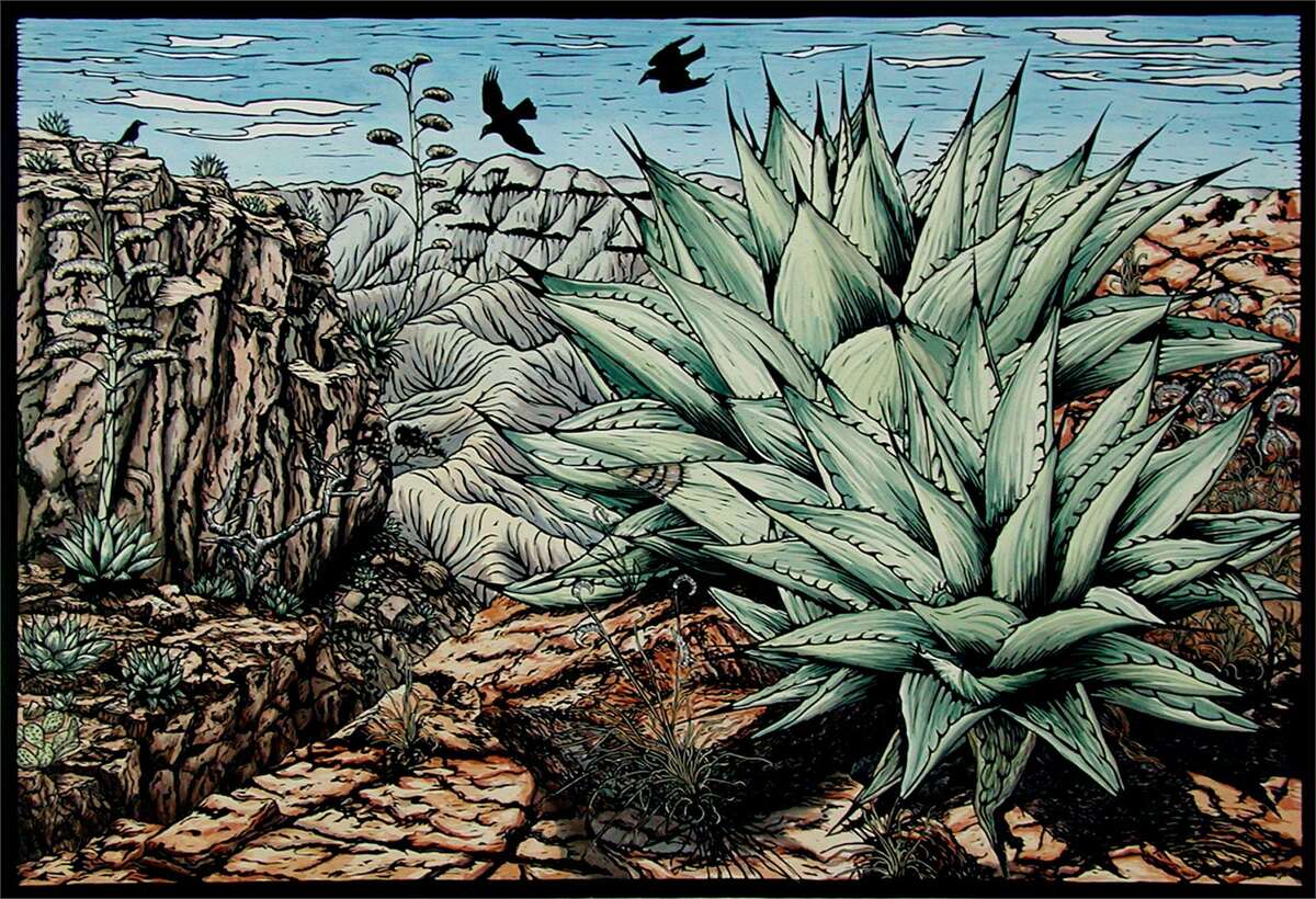 Margie Crisp's hand-colored linocut "Edge of the World" is among works on view through Saturday in "Texas Aesthetic XIII: Thirty Contemporary Artists Redefining Texas Art."