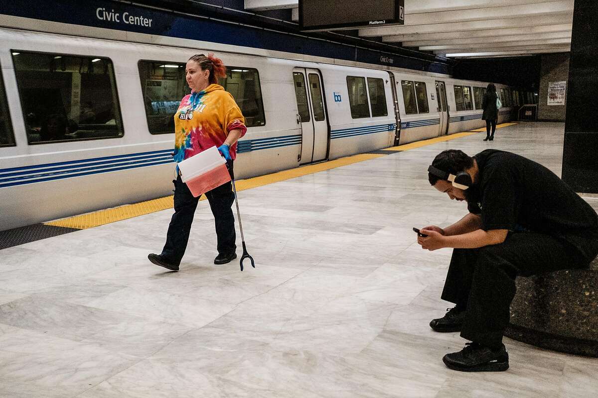 July 5, 2019 -BART employee Bobbi Hodgerney searches the Civic Center BART Station for discarded needled and syringes. BART has seen a dramatic drop in the number of syringes discarded at two of its biggest downtown San Francisco stations -- from a high of 4,197 in July of last year, to 585 in May of this year. Transit officials credit the rise of fentanyl, which can be smoked, rather than injected.