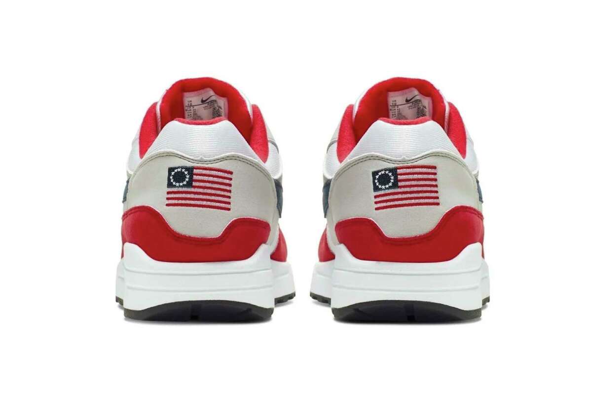 This undated product image obtained by the Associated Press shows Nike Air Max 1 Quick Strike Fourth of July shoes that have a U.S. flag with 13 white stars in a circle on it, known as the Betsy Ross flag, on them. Nike is pulling the flag-themed tennis shoe after former NFL quarterback Colin Kaepernick complained to the shoemaker, according to the Wall Street Journal. (Nike via AP Photo)