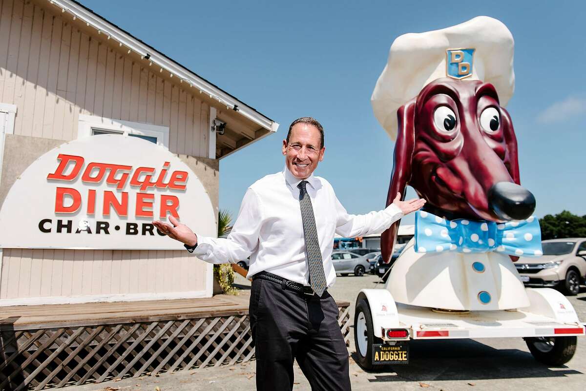 Kip Atchley poses for a portrait with his Doggie Diner head in Napa, Calif., on July 5th, 2019. Napa resident Kip Atchley wants to resurrect Doggie Diner, the fast-food chain that maintained locations in San Francisco and Oakland from the 1940s to the 1980s