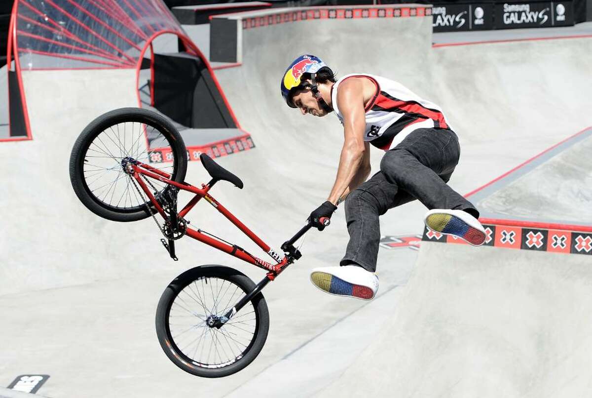 LOS ANGELES, CA - JULY 29: Daniel Dhers competes in the BMX freestyle park elimination during X Games 16 at the Event Deck LA Live on July 29, 2010 in Los Angeles, California. (Photo by Harry How/Getty Images) *** Local Caption *** Daniel Dhers