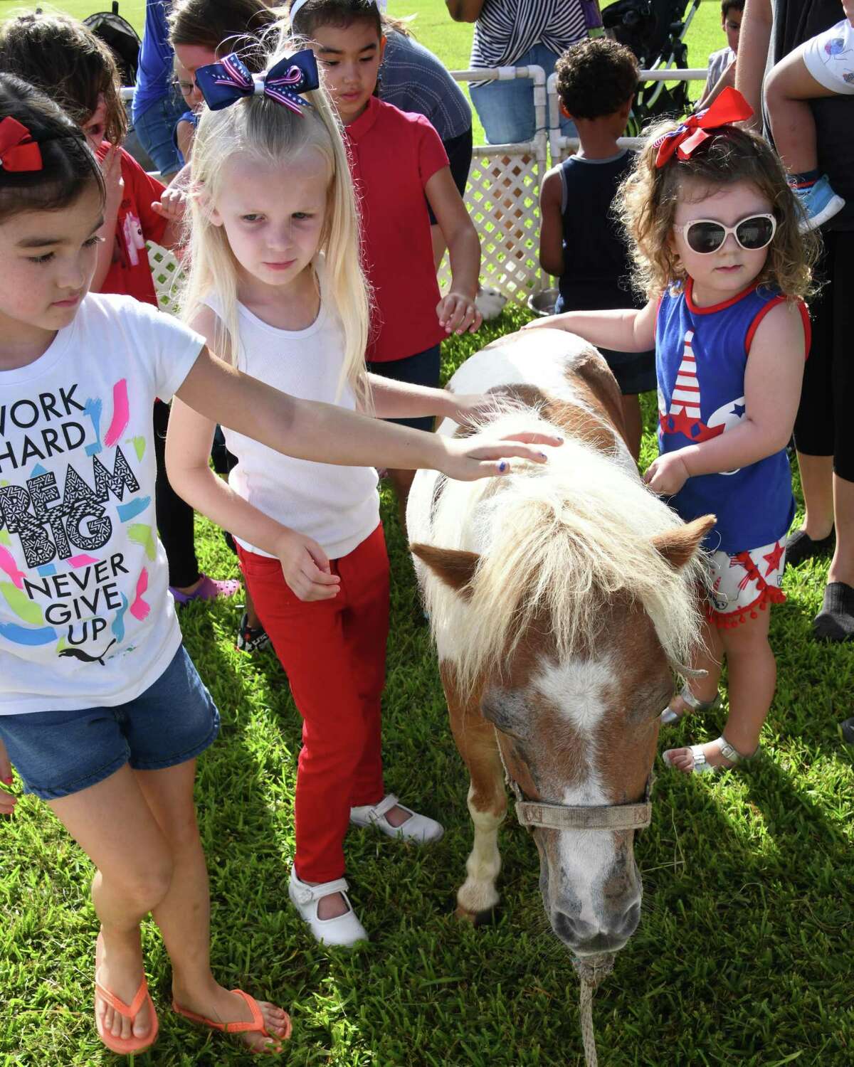 Children pet a pony at the Katy Freedom Celebration on Thursday, July 4, at Katy Fire Station #1.