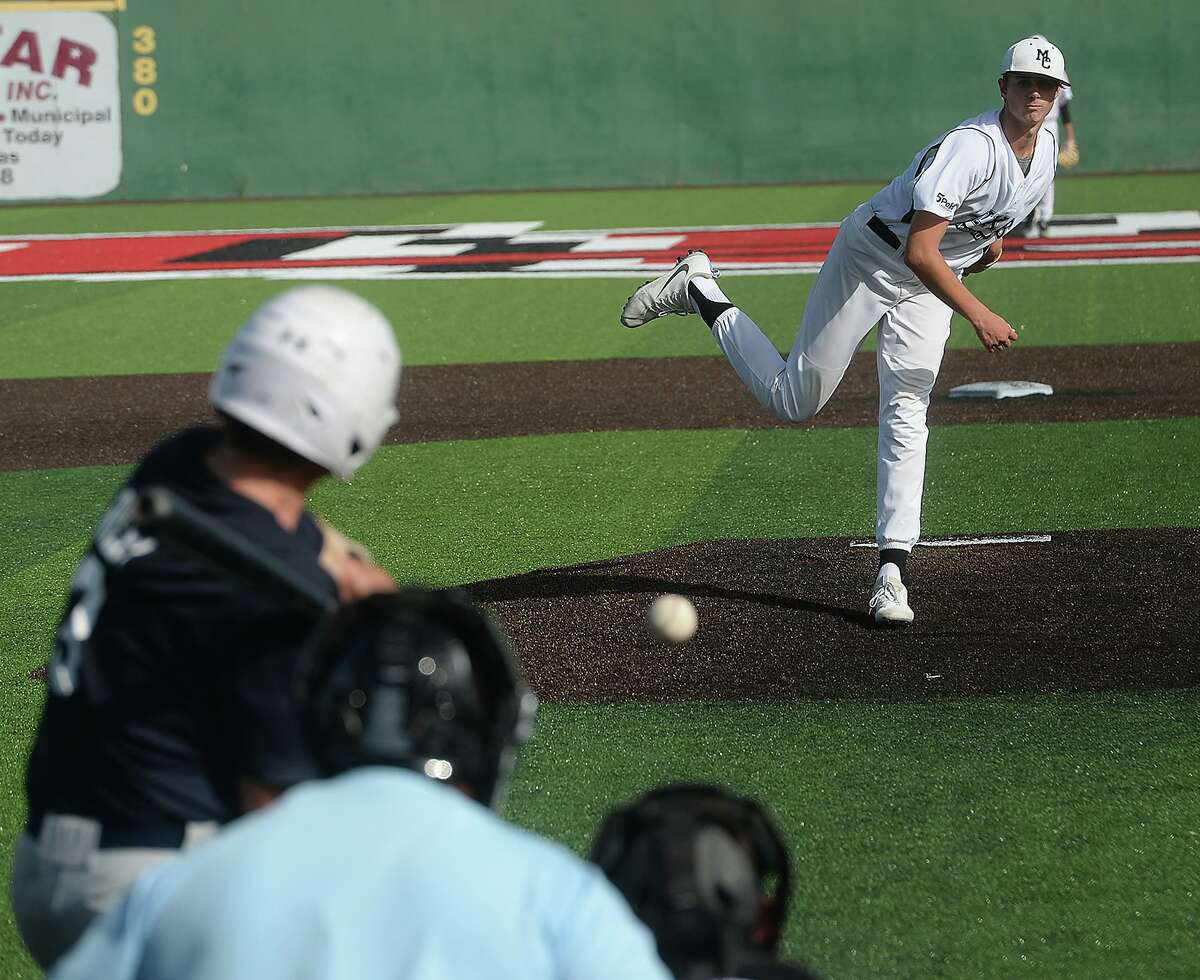 Texas' Grant Rogers fires off a pitch during the first game of the youth all-star baseball tournament running throughout the weekend at Lamar University. Photo taken Friday, July 5, 2019 Kim Brent/The Enterprise
